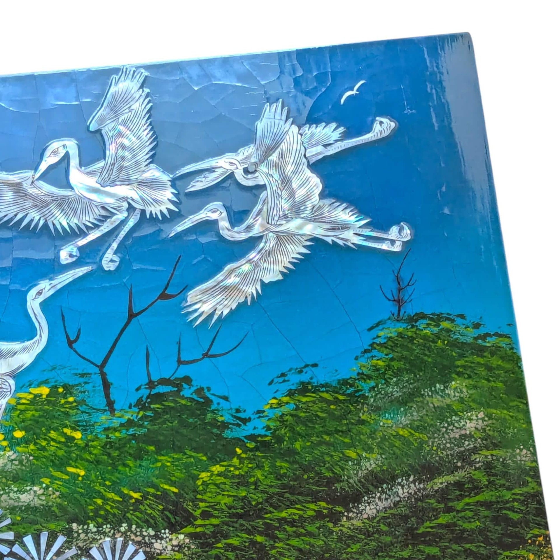 Vintage Mother of Pearl Crane Inlay Panel
