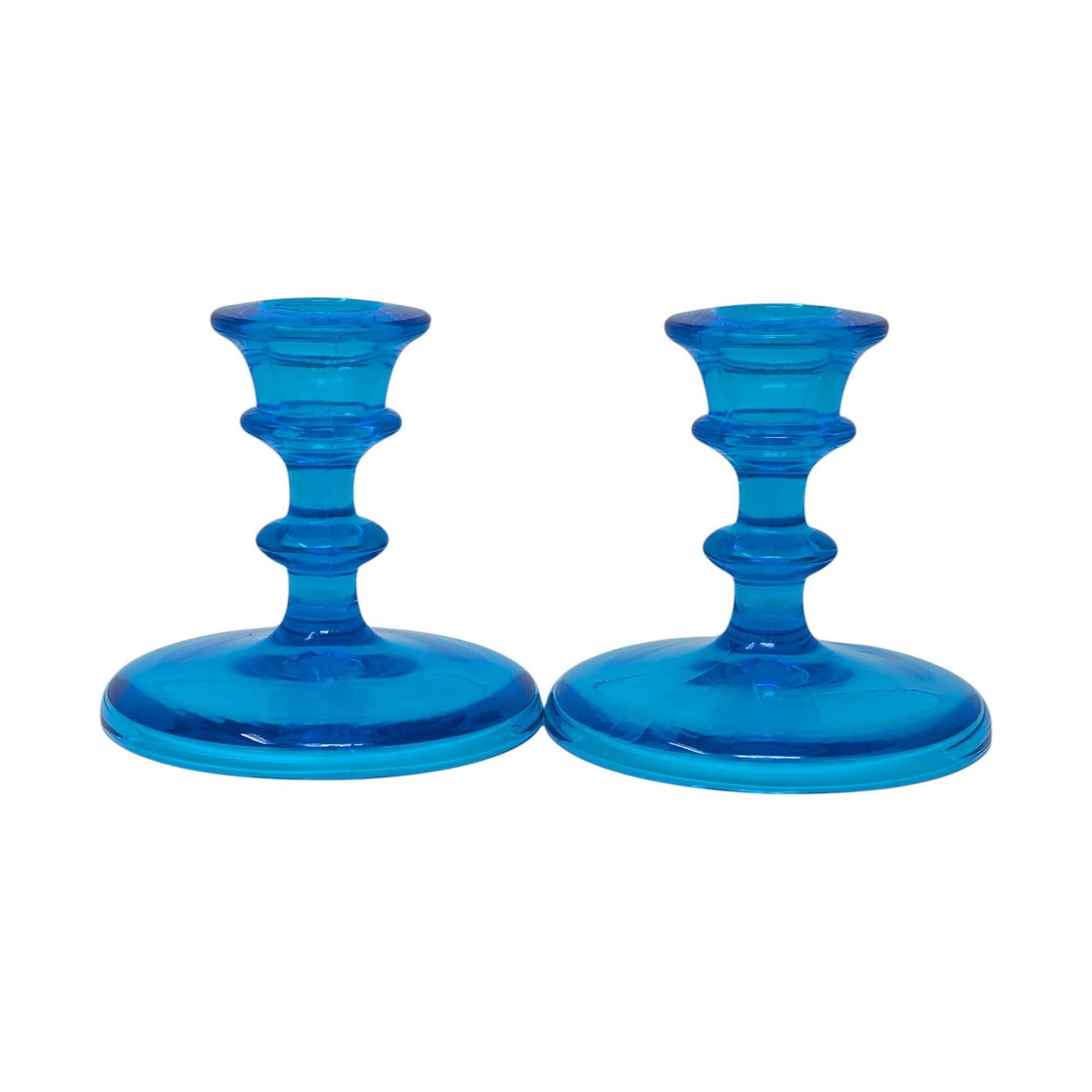 Pair of Vintage Blue Glass Taper Candlestick Holders