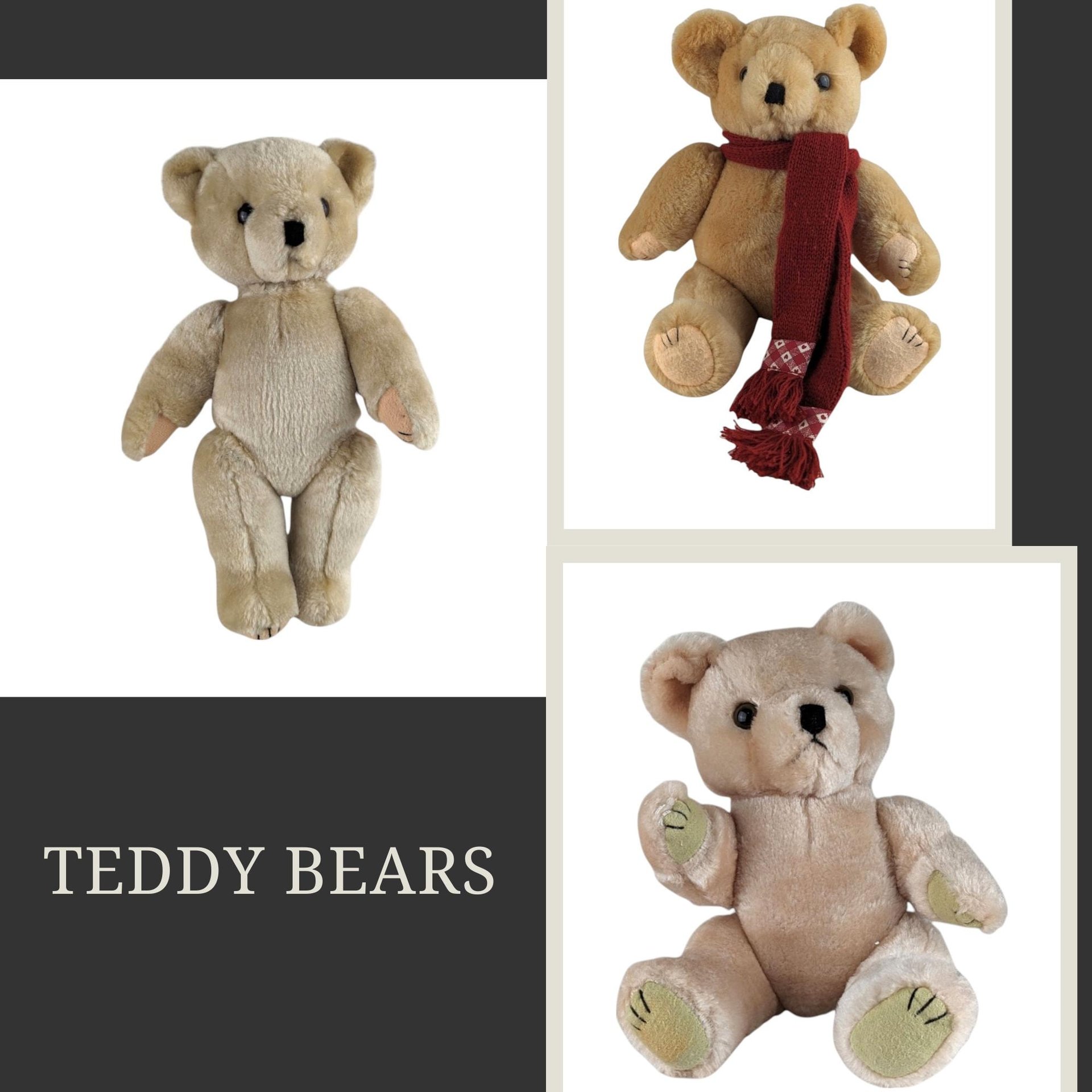 A trio of plush teddy bears in varying shades of tan and honey. Each bear features a fuzzy, short-pile texture and a classic seated or standing silhouette with jointed limbs. One bear wears a deep red knit scarf with tasseled ends and a geometric pattern.
