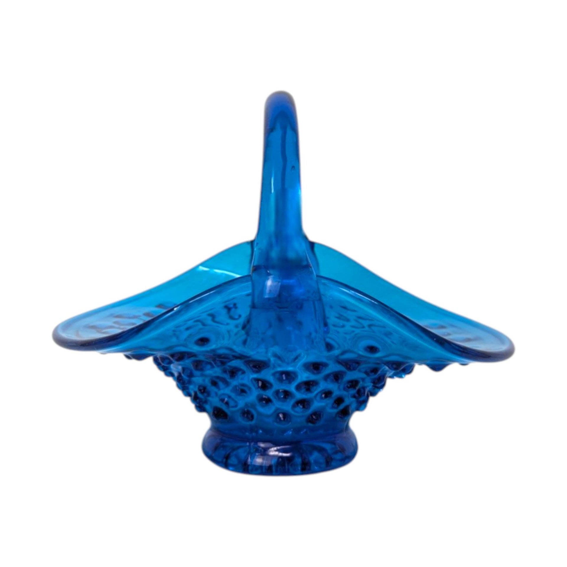 Vintage Fenton Blue Hobnail Glass Basket – Mid-Century Art Glass Handled Dish