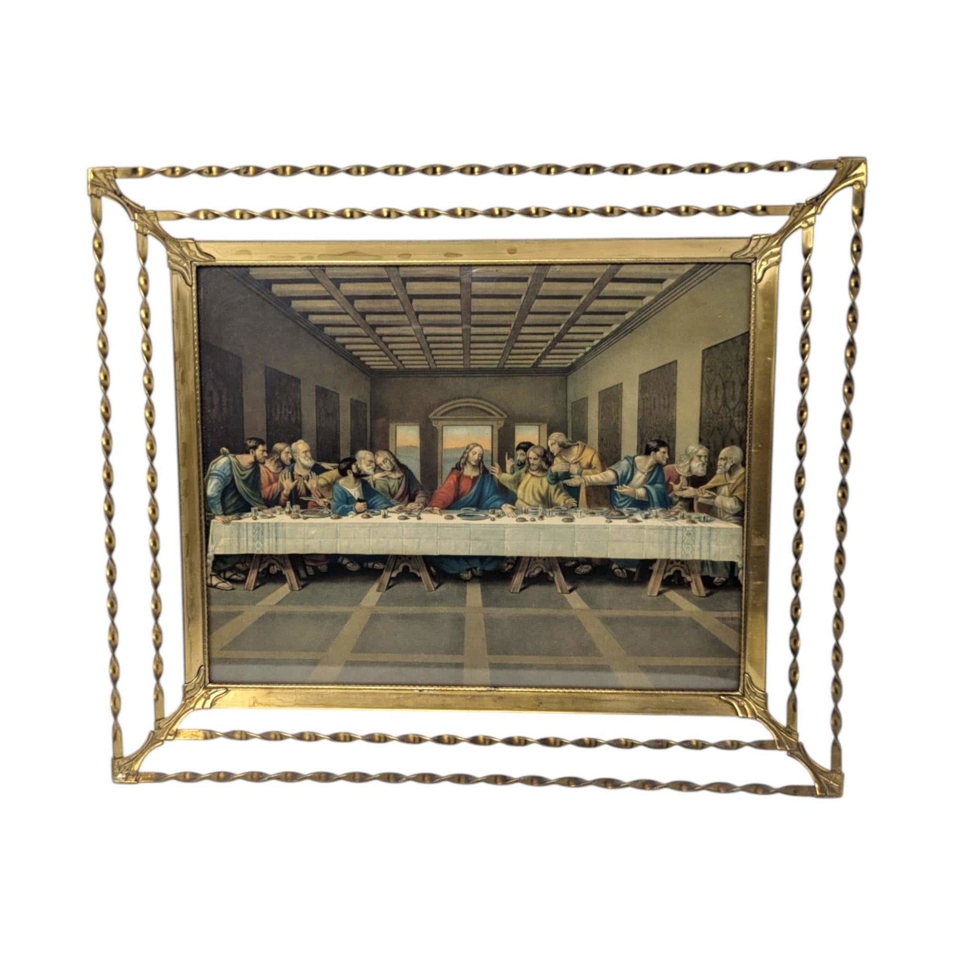 Vintage Last Supper Print In Ornate Gold Tone Twisted Metal Frame