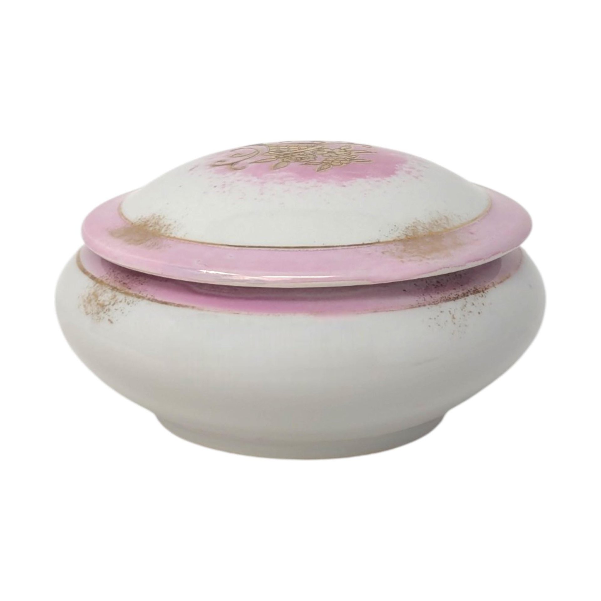 1950s Pink Porcelain Trinket Box Round – Mid-century Shabby Chic Vanity Decor Gift