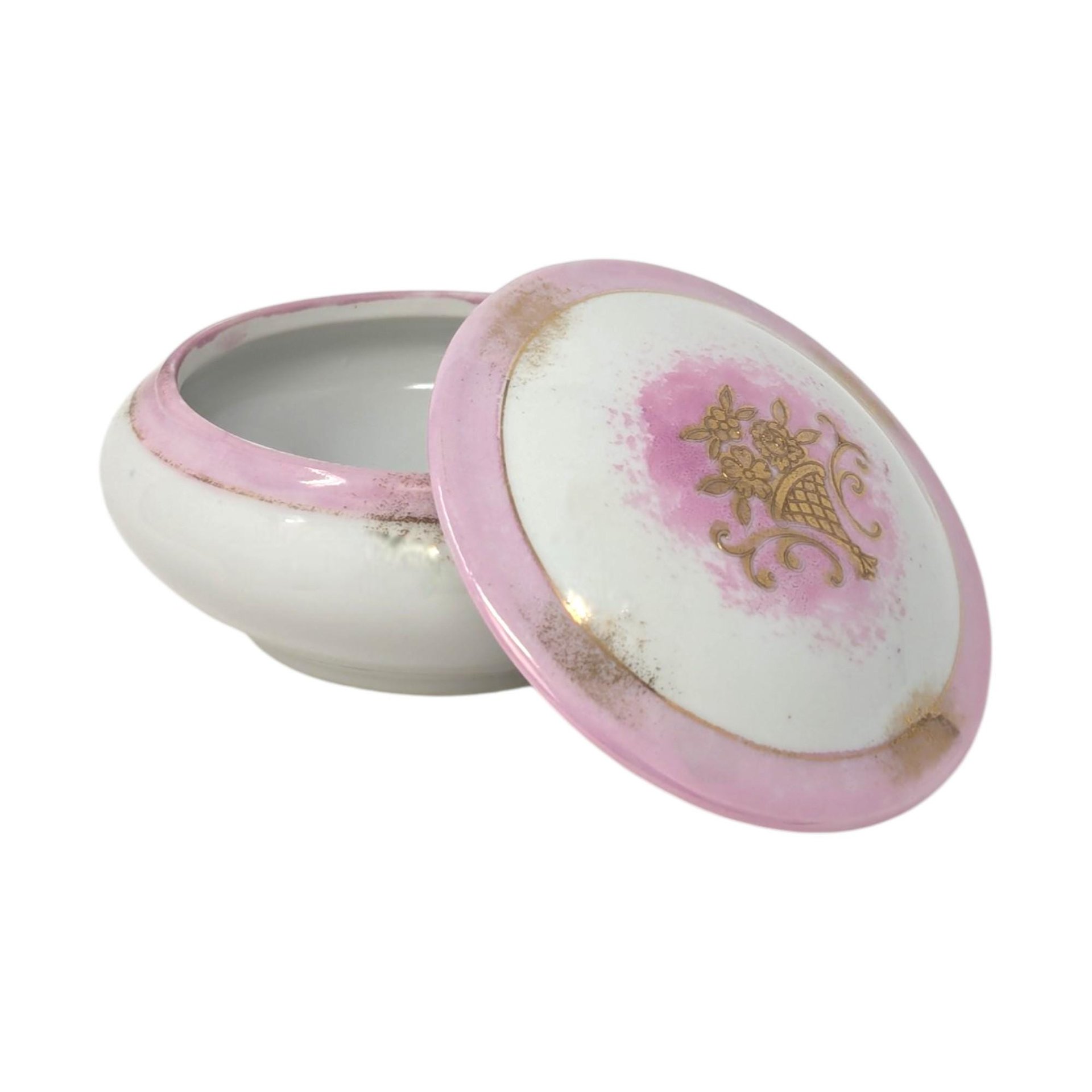 1950s Pink Porcelain Trinket Box Round – Mid-century Shabby Chic Vanity Decor Gift