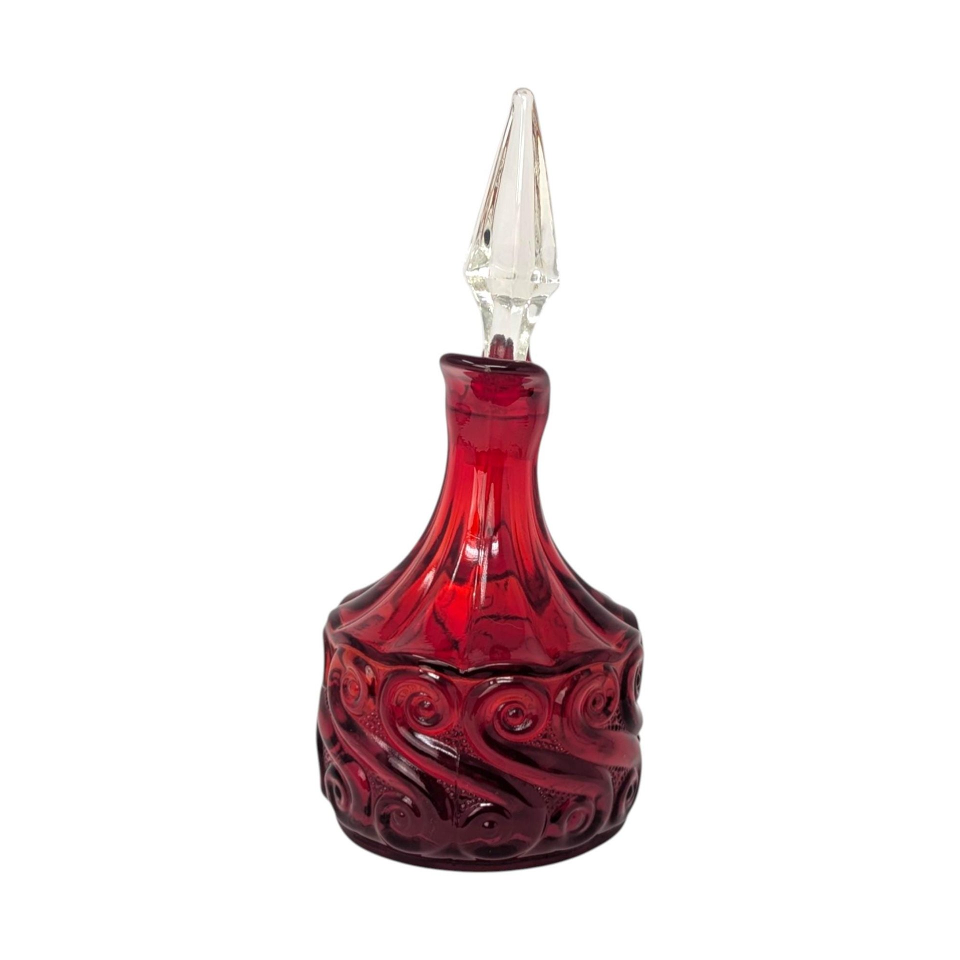 1960s Fenton Ruby Red Glass Cruet – Mid-century Scroll Pattern Crystal Stopper Decanter