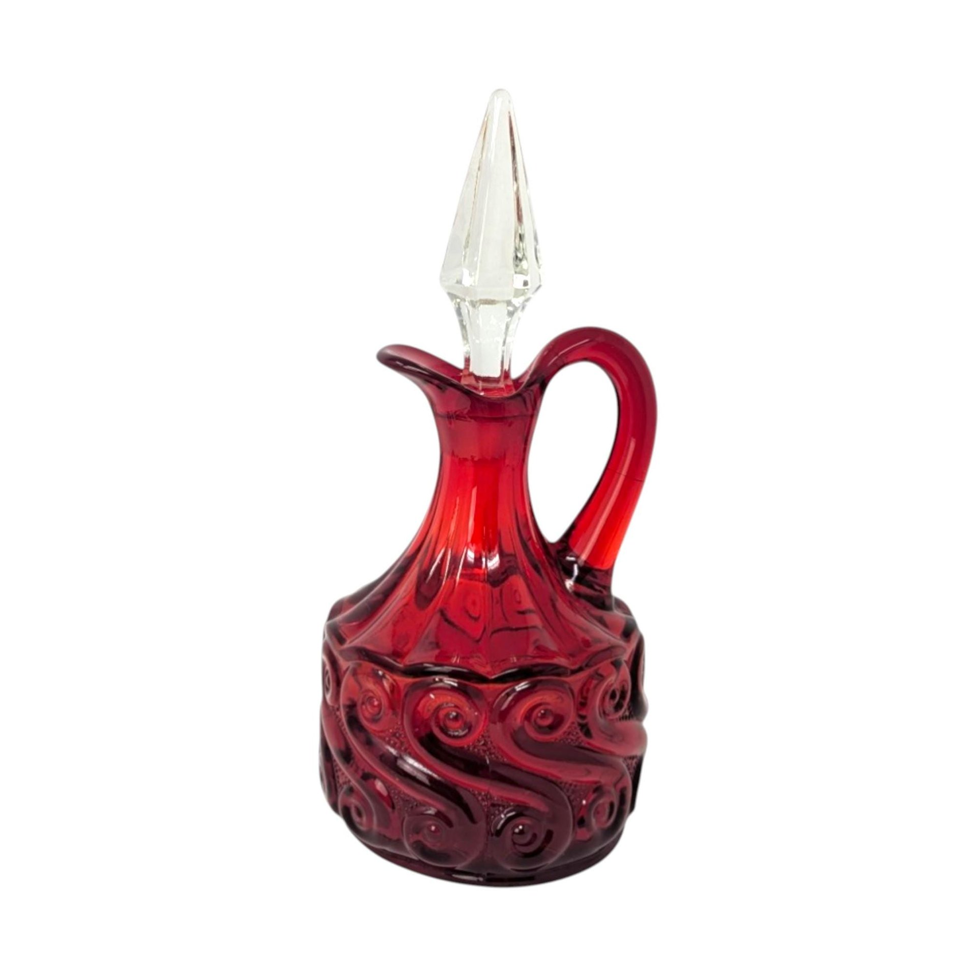 1960s Fenton Ruby Red Glass Cruet – Mid-century Scroll Pattern Crystal Stopper Decanter