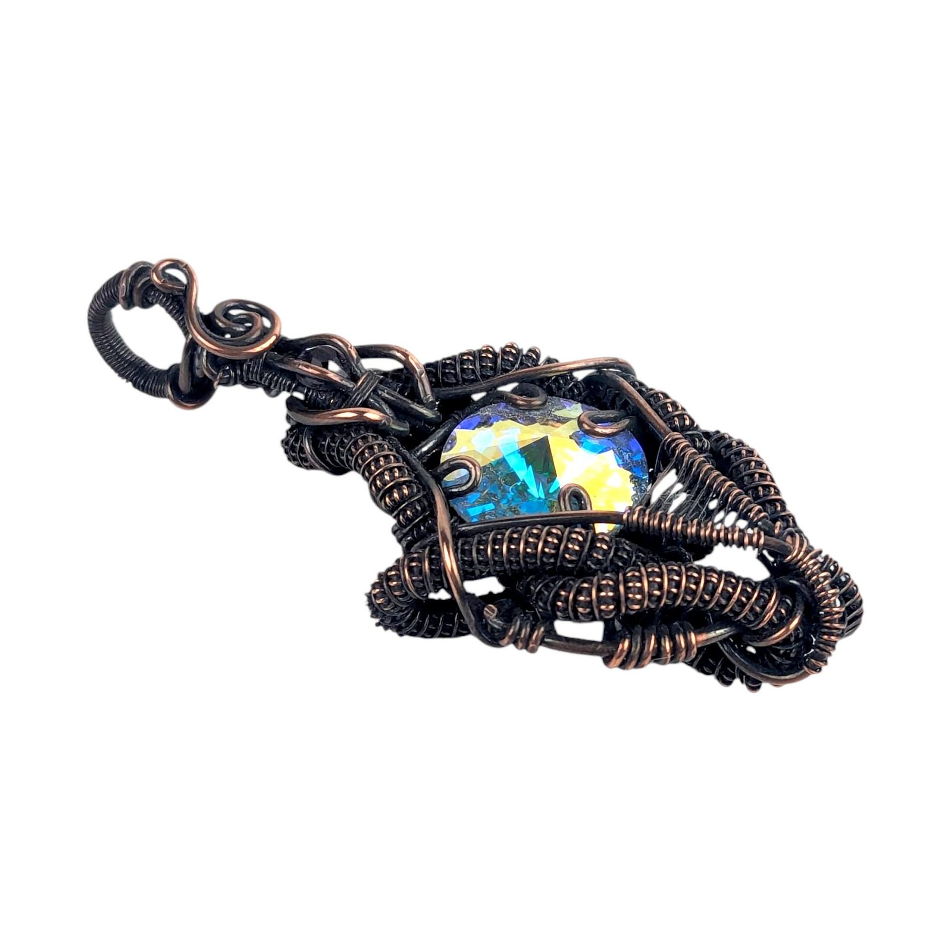Handmade Iridescent Rivoli Copper Wire Wrapped Pendant