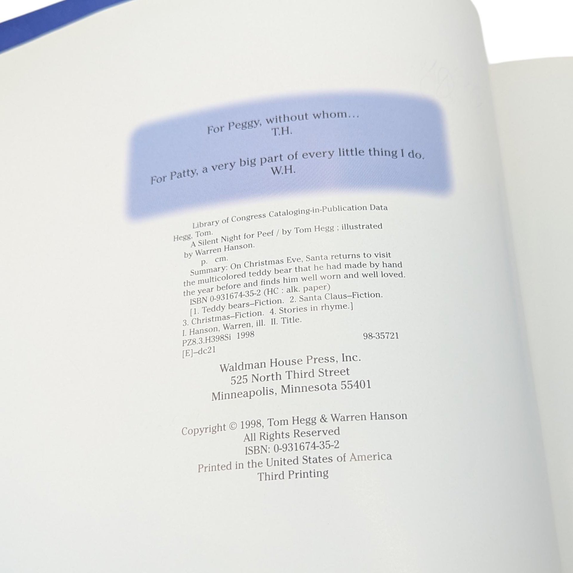 1998 A Silent Night for Peef Hardcover Children's Book