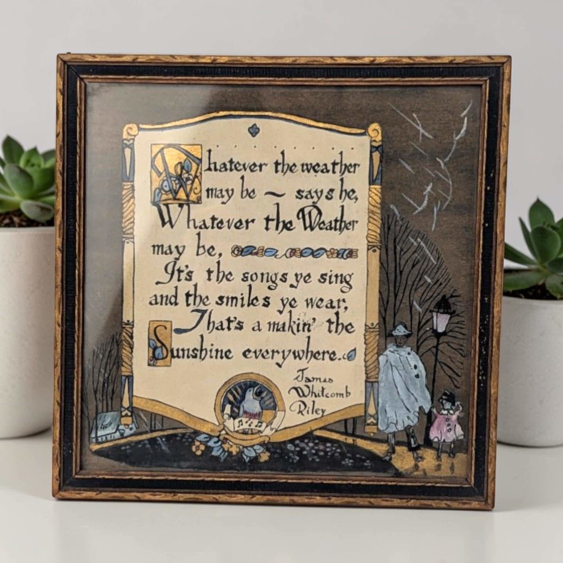 A square wooden wall plaque with a cream-colored inset featuring an illustrated poem. The border is a warm medium-toned wood. The central graphic shows a circular floral motif surrounding a whimsical verse in black serif typography.