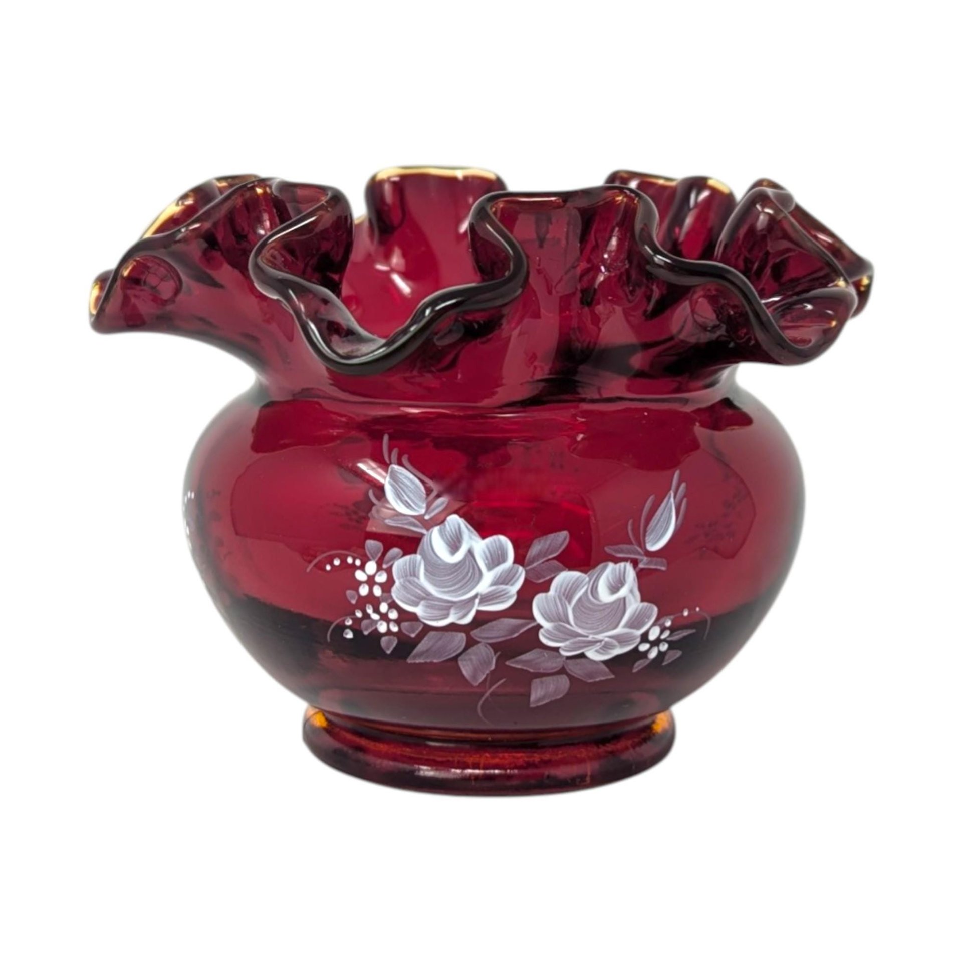 Fenton Ruby Red Floral Ruffled Vase