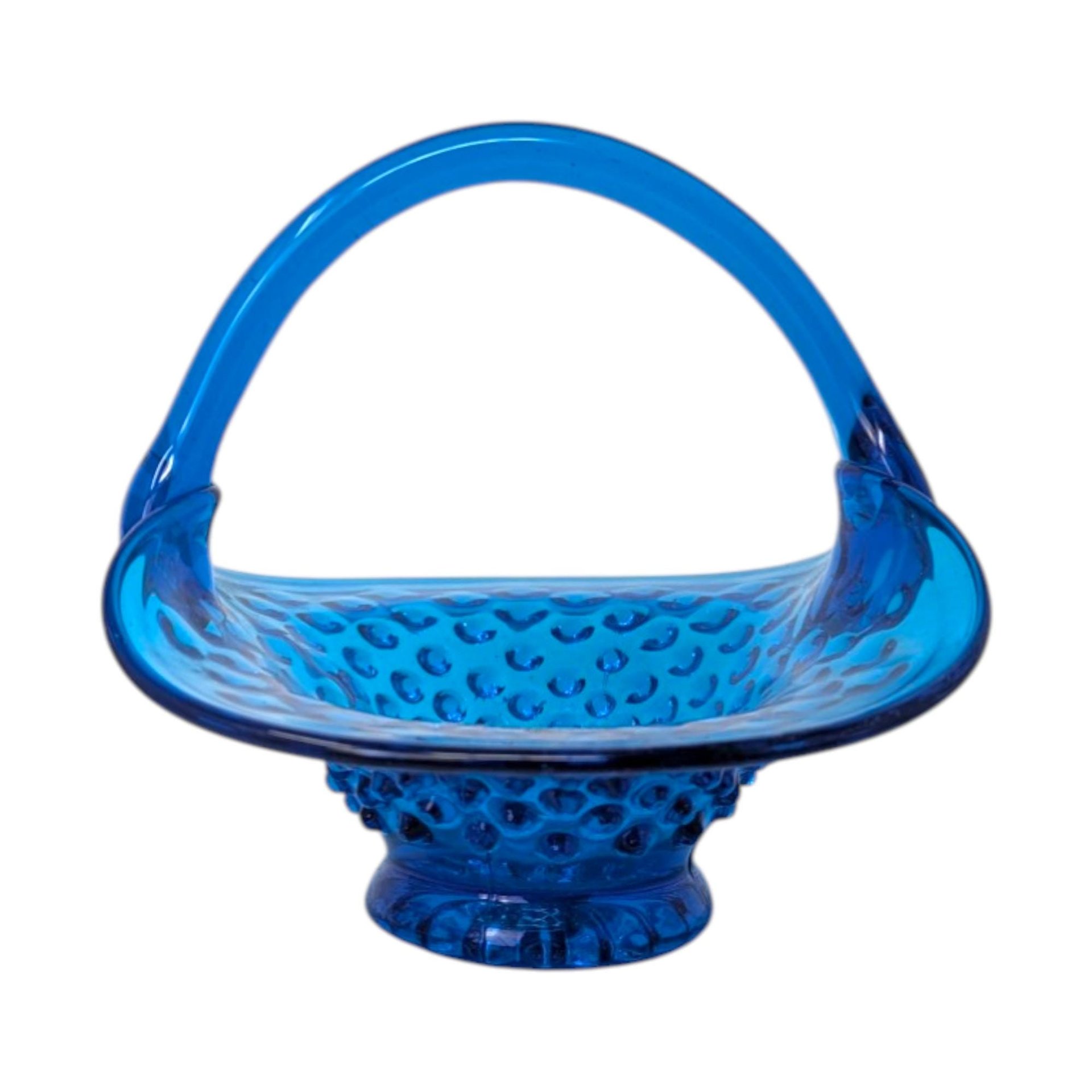 Vintage Fenton Blue Hobnail Glass Basket – Mid-Century Art Glass Handled Dish