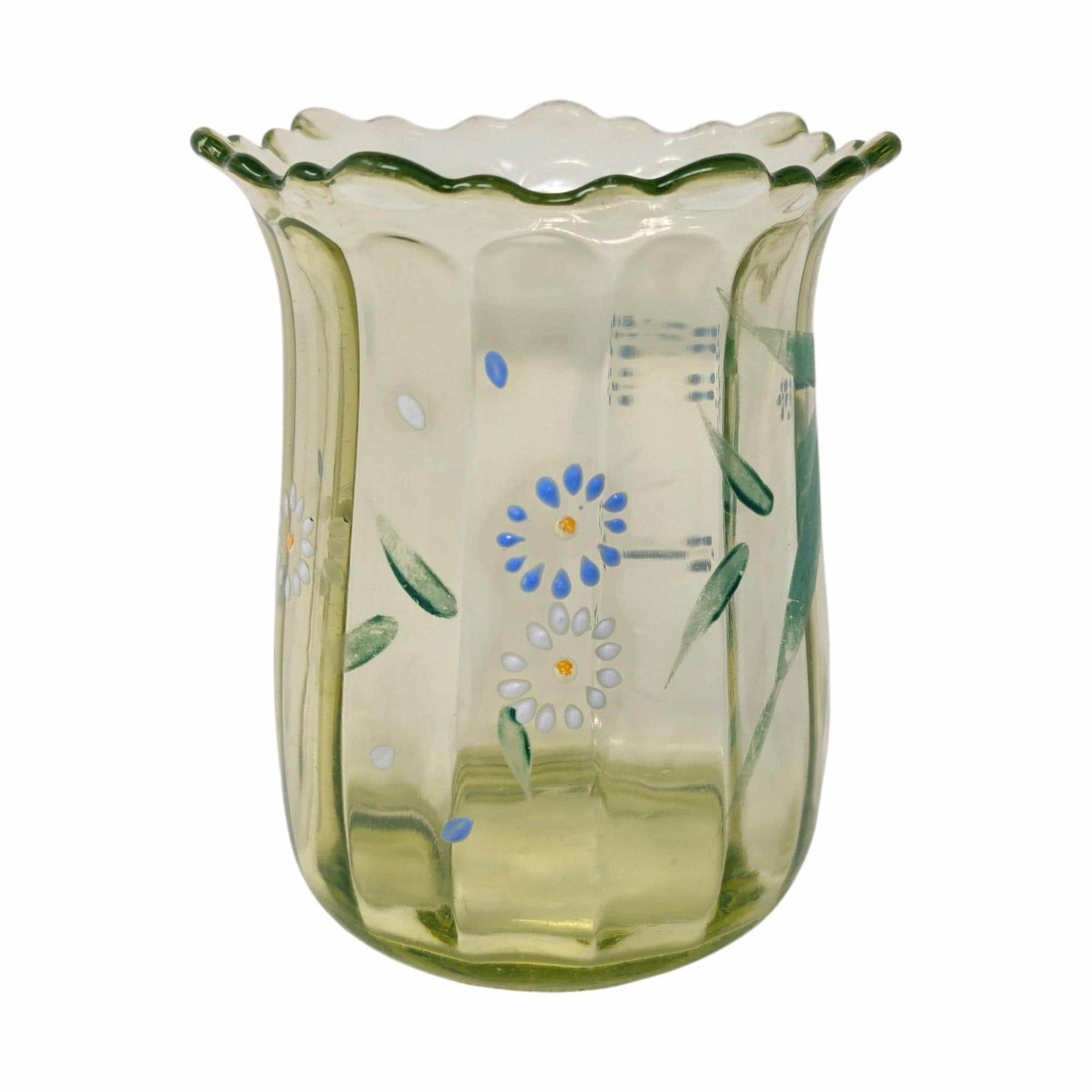 Antique Beaumont Glass Hand Painted Green Uranium Glass Vase