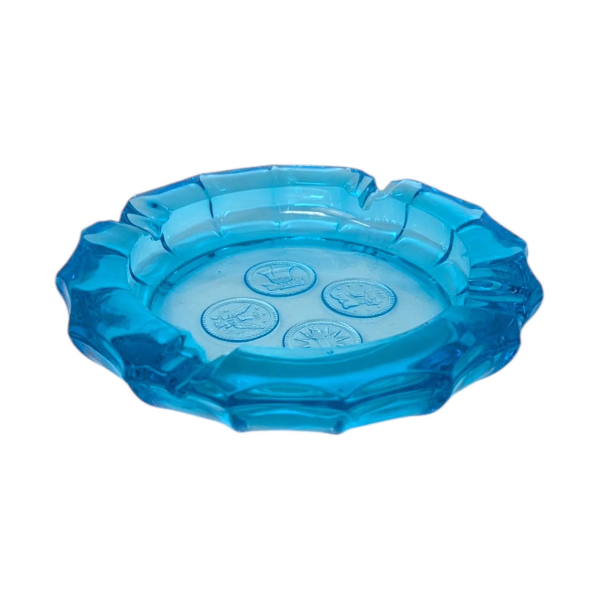 Vintage Fostoria Blue Coin Glass Ashtray – Mid-Century Glassware Home Office Decor