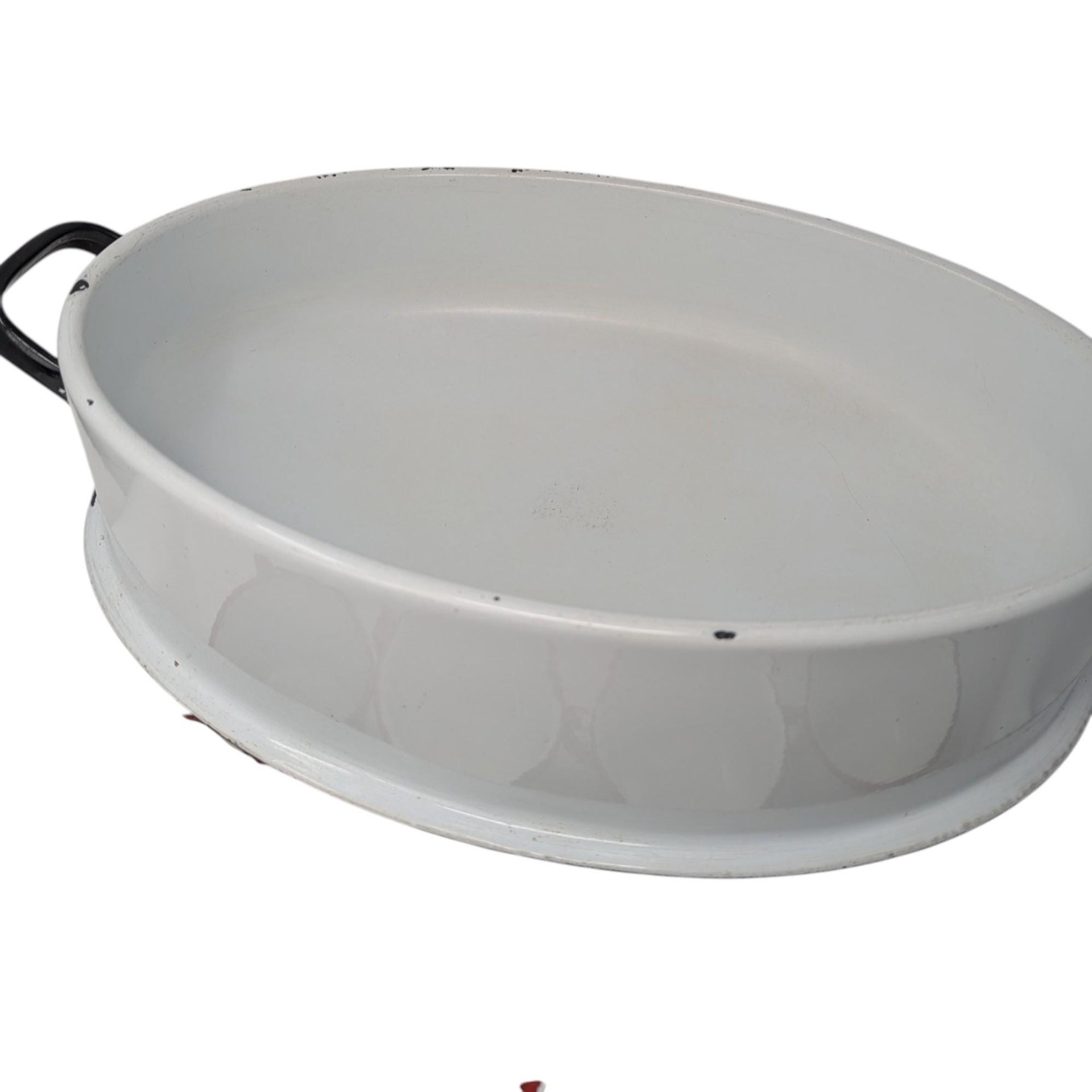 Vintage White Enamel Roaster Pan and Cups