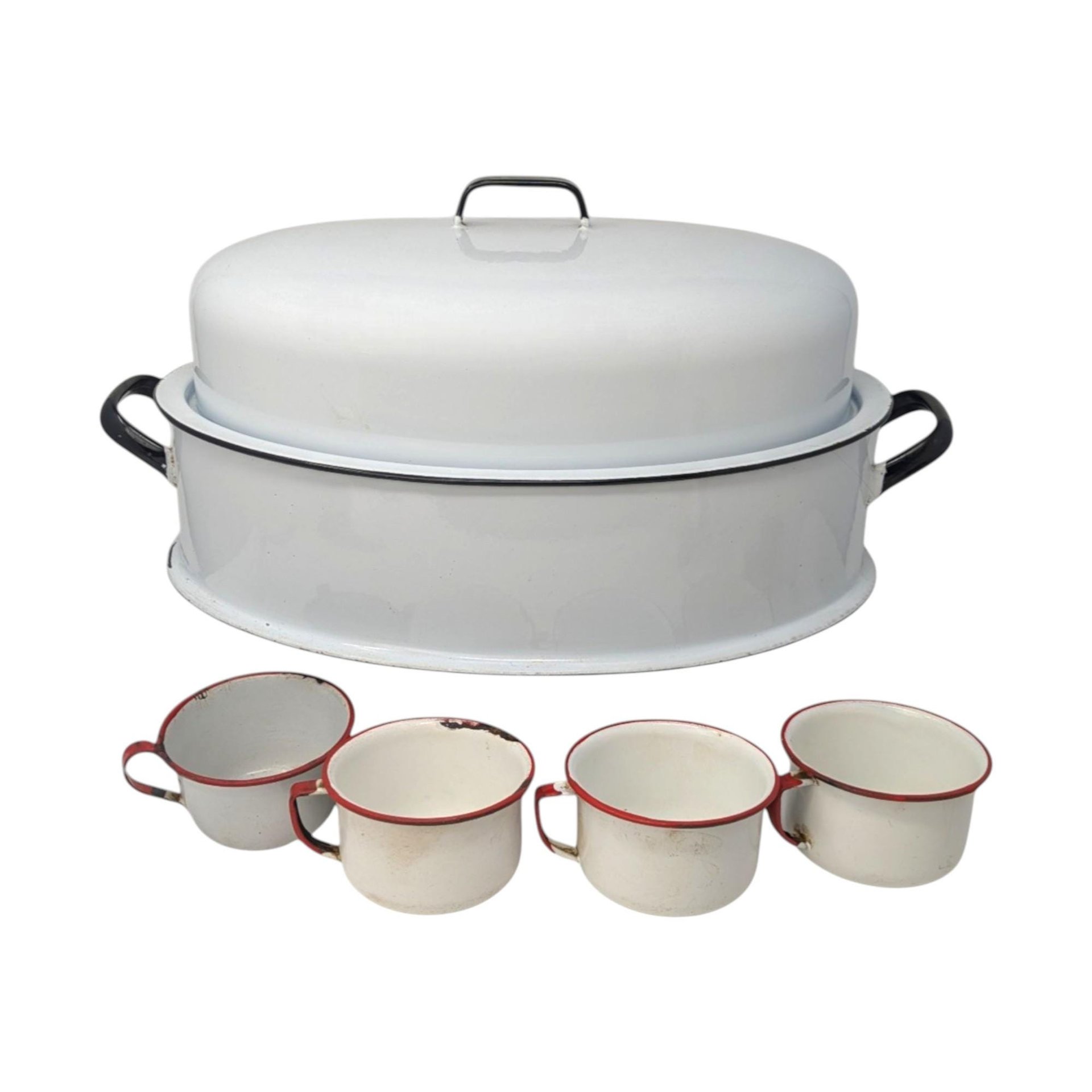 Vintage White Enamel Roaster Pan and Cups