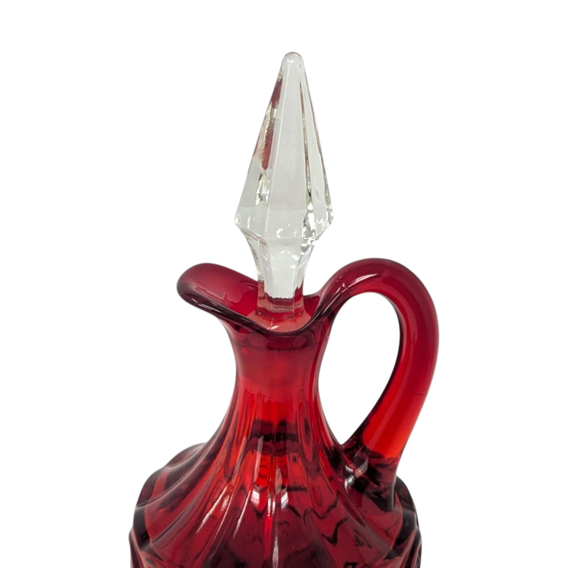 1960s Fenton Ruby Red Glass Cruet – Mid-century Scroll Pattern Crystal Stopper Decanter