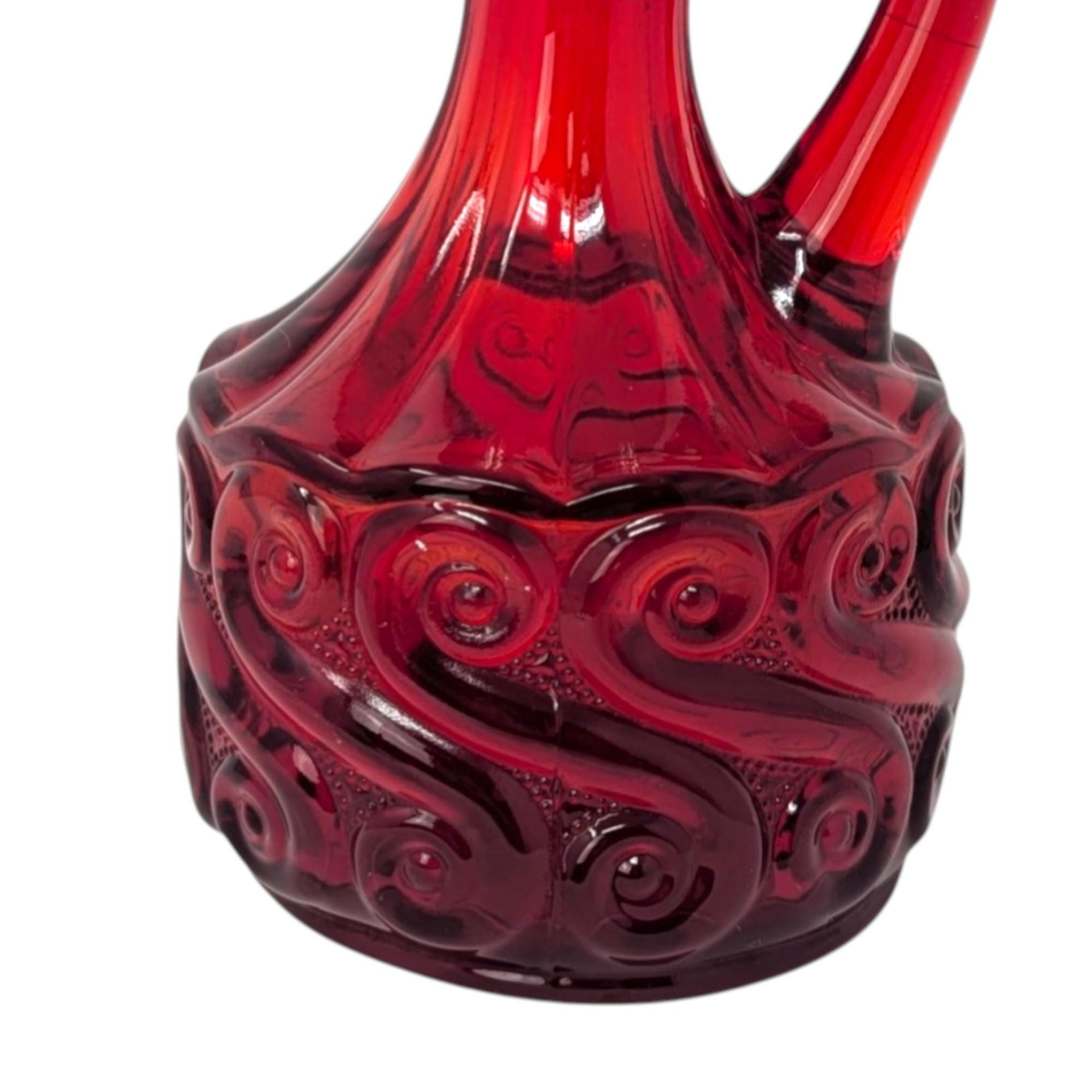 1960s Fenton Ruby Red Glass Cruet – Mid-century Scroll Pattern Crystal Stopper Decanter