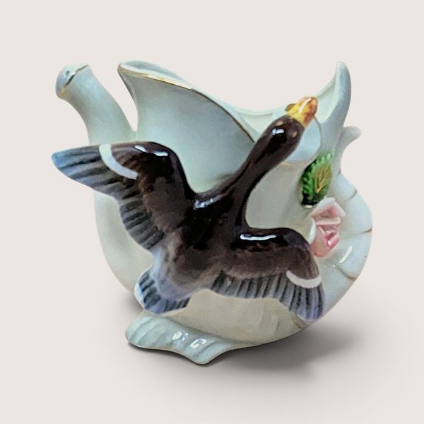 Vintage Thames hand-painted ceramic duck watering can vase with gold accents standing 4.25 inches tall.