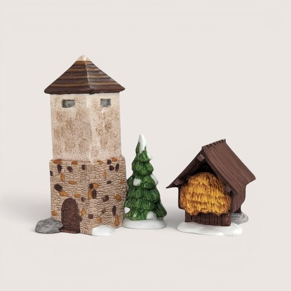 Department 56 Heritage Village miniature hand painted porcelain stone base silo with evergreen tree and wood timber hay shed.