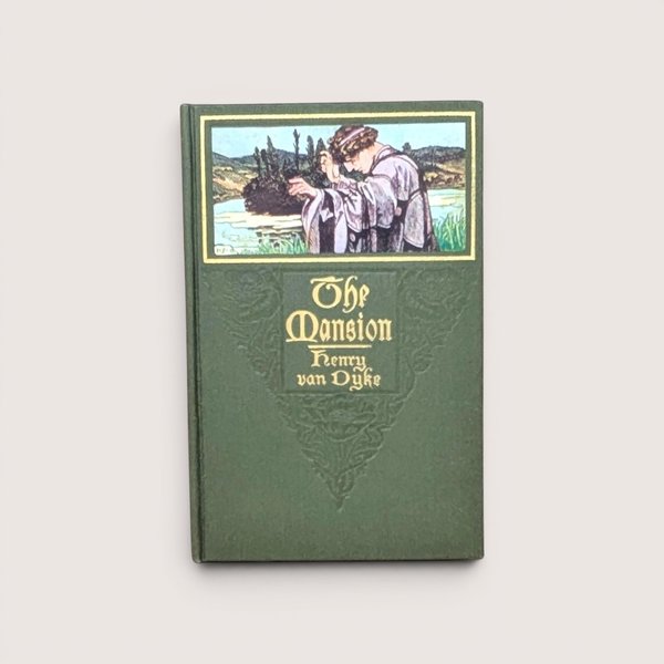 Vintage green cloth hardcover book with gold gilt lettering and inset illustration of a robed figure by a river