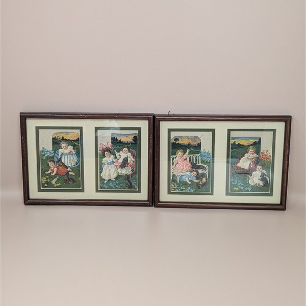 A set of two framed wall hangings, each containing two vintage-style advertising cards featuring Victorian children and puppies in pastoral outdoor settings.