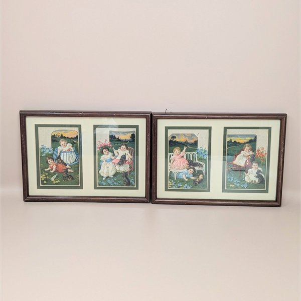 A set of two framed wall hangings, each containing two vintage-style advertising cards featuring Victorian children and puppies in pastoral outdoor settings.