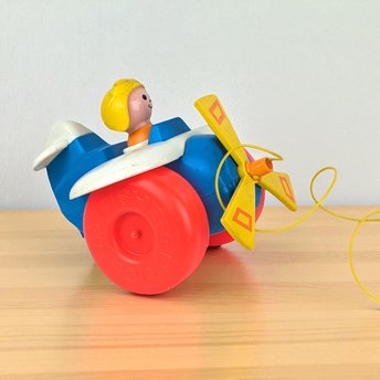 Vintage 1980s Fisher Price Pull Toy Airplane with Pilot - Blue and Yellow Plane - 8" Long - Toddler Gift - Retro Toy
