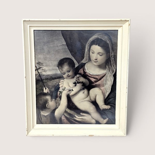 Framed classical art print depicting the Madonna and Child with an infant John the Baptist, on a neutral background.