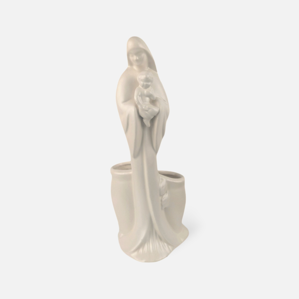 Vintage white ceramic Madonna and child planter statue with two small planting pockets at the base.