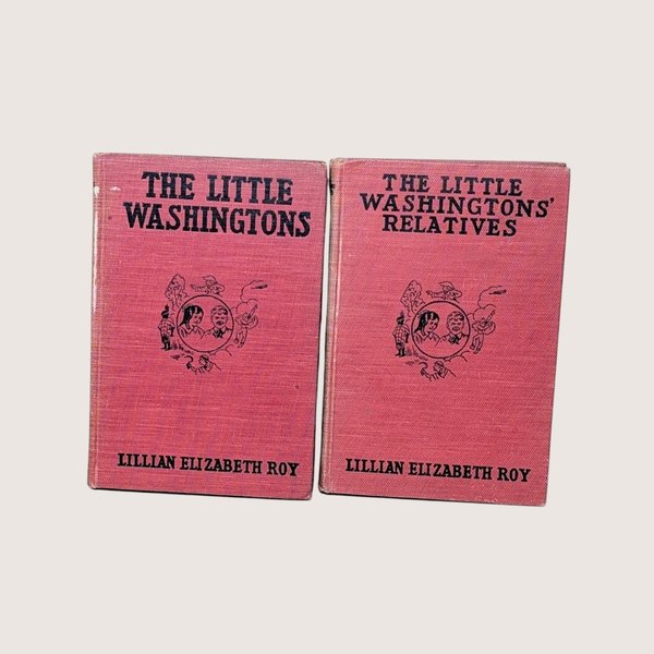 Two vintage pink book covers by Lillian Elizabeth Roy side by side, centered on a beige background.