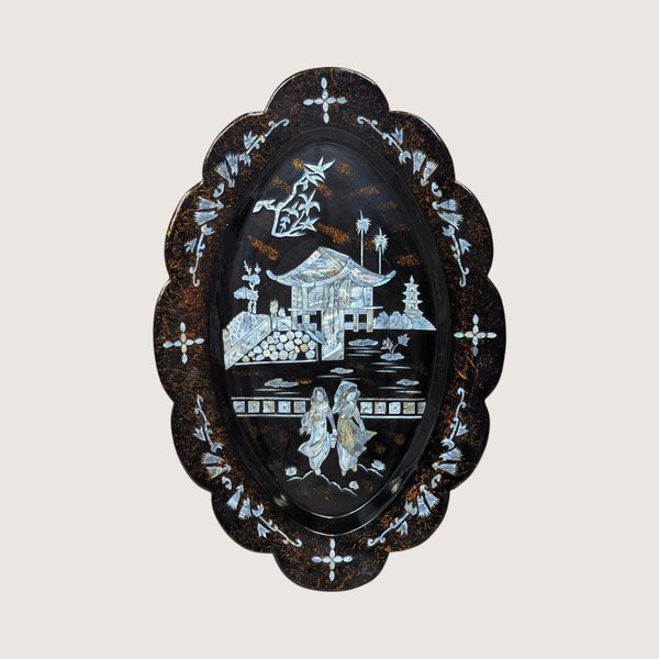 1960s Asian Black Lacquer Mother of Pearl Inlaid Wall Platter