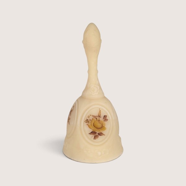 Vintage Fenton satin glass bell featuring a hand-painted chocolate rose motif inside a cameo medallion.