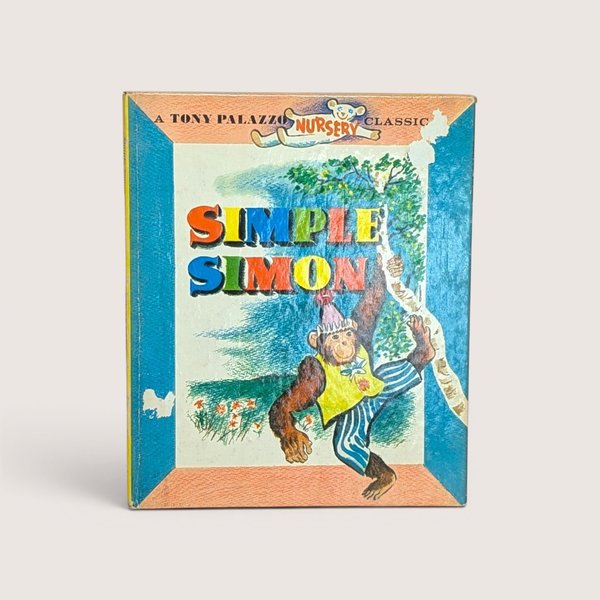 A vintage children's book cover for Simple Simon by Tony Palazzo featuring an illustrated monkey climbing a tree.
