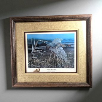 Vintage Set on the Wing Signed & Numbered Framed Pheasant Print 15/750, Randall Raduenz Art, Ring Necked Pheasant, Wildlife Art