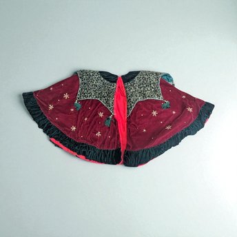 Vintage Handmade Burgundy and Green Velvet Shawl with Eyelet Clasps, One-Size, Warm, Festive