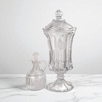 Vintage Fostoria Coin Covered Urn and Cruet Set, Crystal Glass, 13" Height, Decorative Set, Gift for Collector