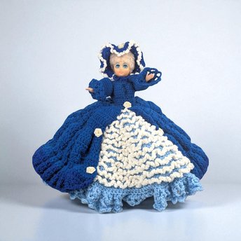 Vintage Handmade Crochet Lady Doll, Blue Dress and Bonnet, Folk Art Doll, Textile Art, Collectible Doll, Unique Gift, Home Decor