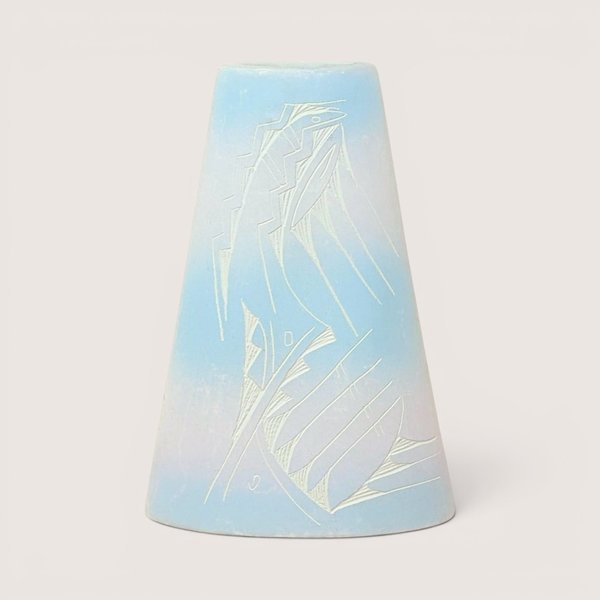 Tapered pastel blue and pink ceramic vase with etched geometric Southwestern sgraffito designs.