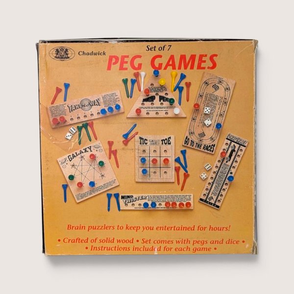 Vintage Chadwick Peg Games box showing seven different wooden puzzle boards with colorful plastic pegs and dice.