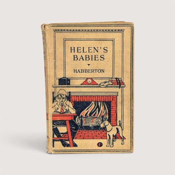 Antique Helen's Babies hardcover book featuring an illustration of a person reading by a fireplace with a dog.