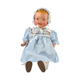 Blonde Baby Doll in Blue Dress and Bonnet, Large Vintage Doll with Moving Eyes and Sound