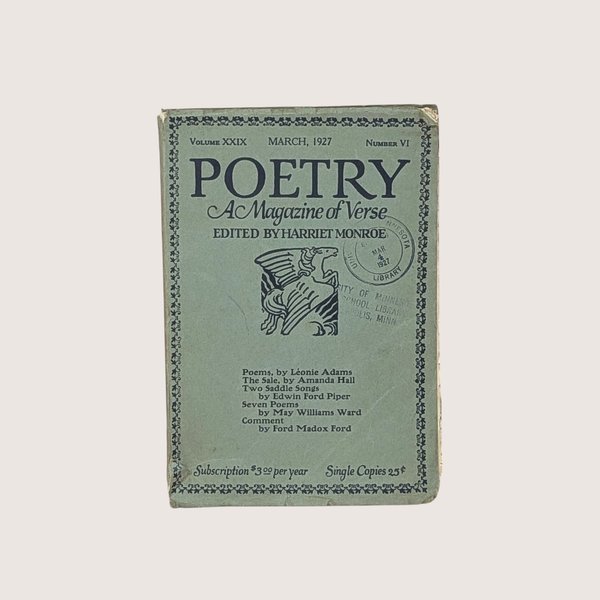 A vintage green paper cover of Poetry A Magazine of Verse from March 1927 featuring a Pegasus illustration