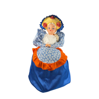 Vintage Handmade Teapot Cozy Doll, 19-Inch Tall, Blue & Orange Dress, Plastic Face, Country Kitchen Charm