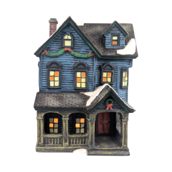 Vintage O'Well Lighted Blue Christmas Village House, Ceramic Holiday Home Decor, Collectible Two-Story Winter Scene Building