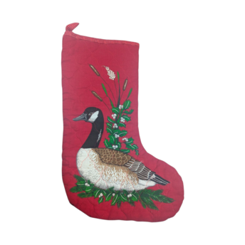 Handmade Quilted Christmas Stocking, 14.5", Red Waterfowl, Goose Design, Vintage Holiday Mantle Decor, Outdoorsman Gift