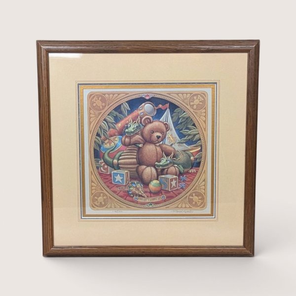 Framed Randal Spangler fantasy art print titled Best Friends featuring a teddy bear and little draglings dragons.