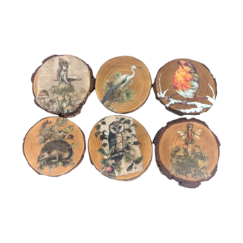 Vintage Handmade Wood Slice Coasters Set of 6, Nature Fairy & Bird Transfer Designs, Rustic Drinkware, Woodland Cabin Decor Gift