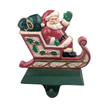 Vintage Midwest of Cannon Falls Cast Iron Santa Sleigh Stocking Holder, Christmas Mantle Decor, Collectible Waving Santa Hanger