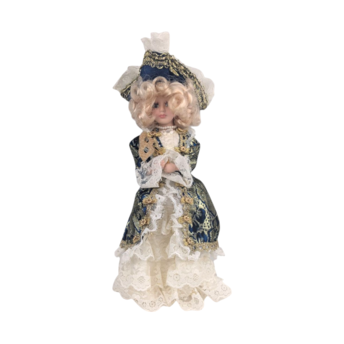 Vintage Porcelain Victorian Lady Doll, 10 Inch, Blue Gold Gown, Lace Hat, Blonde Curls, Collectible Doll, Boudoir Figurine