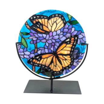 Vintage Joan Baker Designs Handpainted Glass Candle Holder, Monarch Butterfly Art Disc with Stand, Stained Glass Style Home Decor