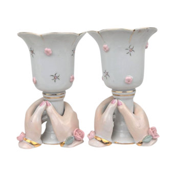 Vintage Pair of Ceramic Hands Holding Candle Holders, Vases, Pink Roses, Gold Trim, Mid Century, Vanity Decor, Shabby Chic, Figural